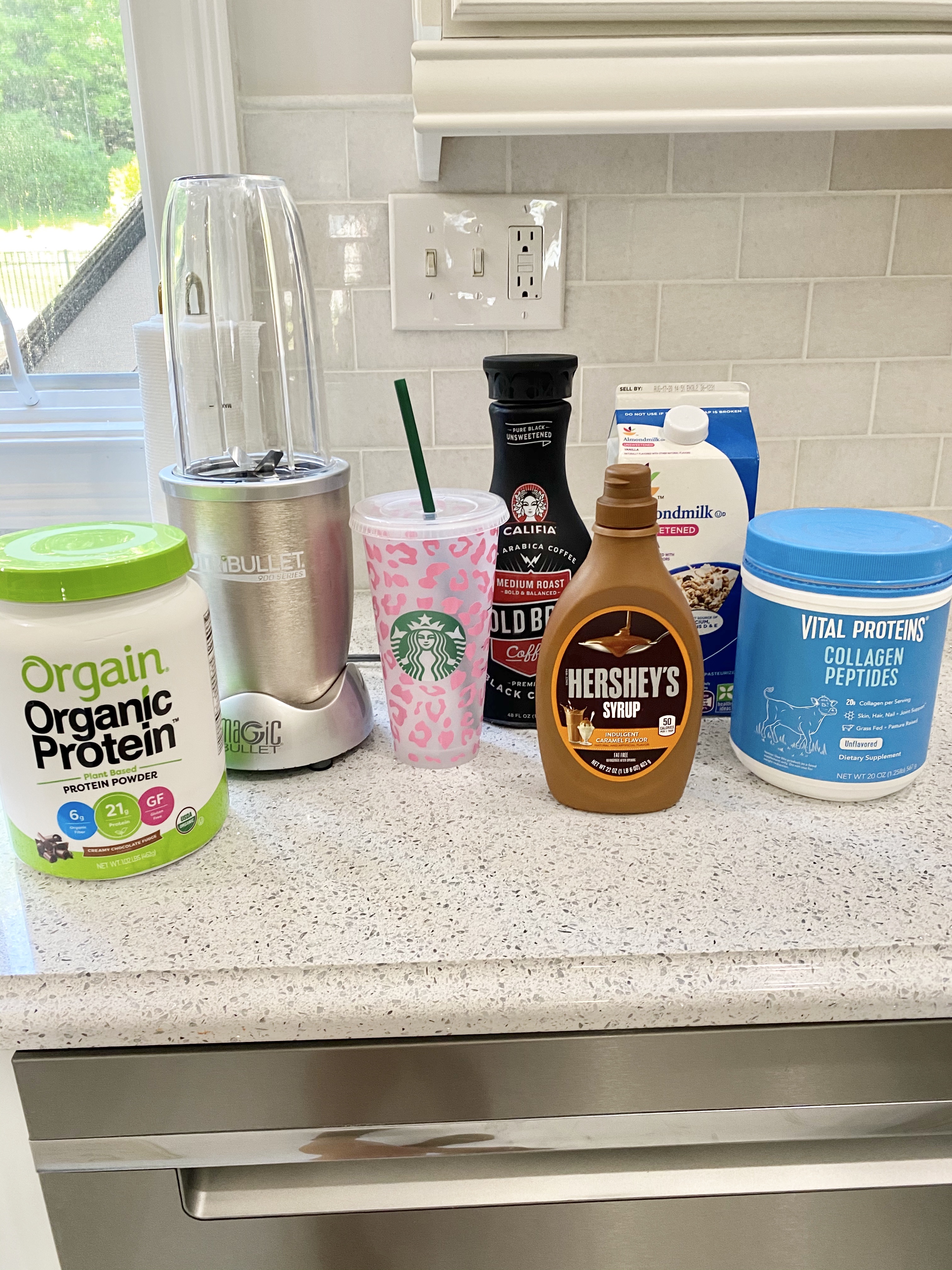ingredients for Caramel Chocolate Protein Iced Coffee
