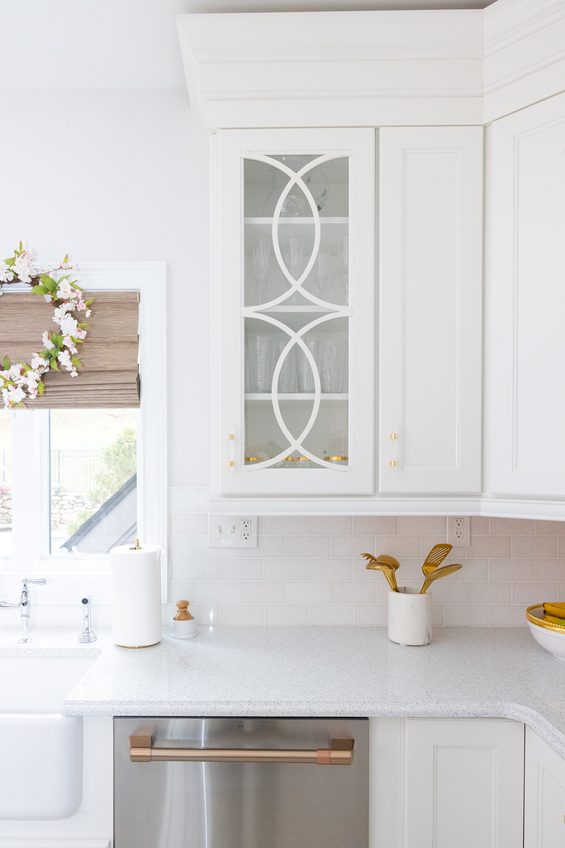 kitchen counter with gold cutleries 