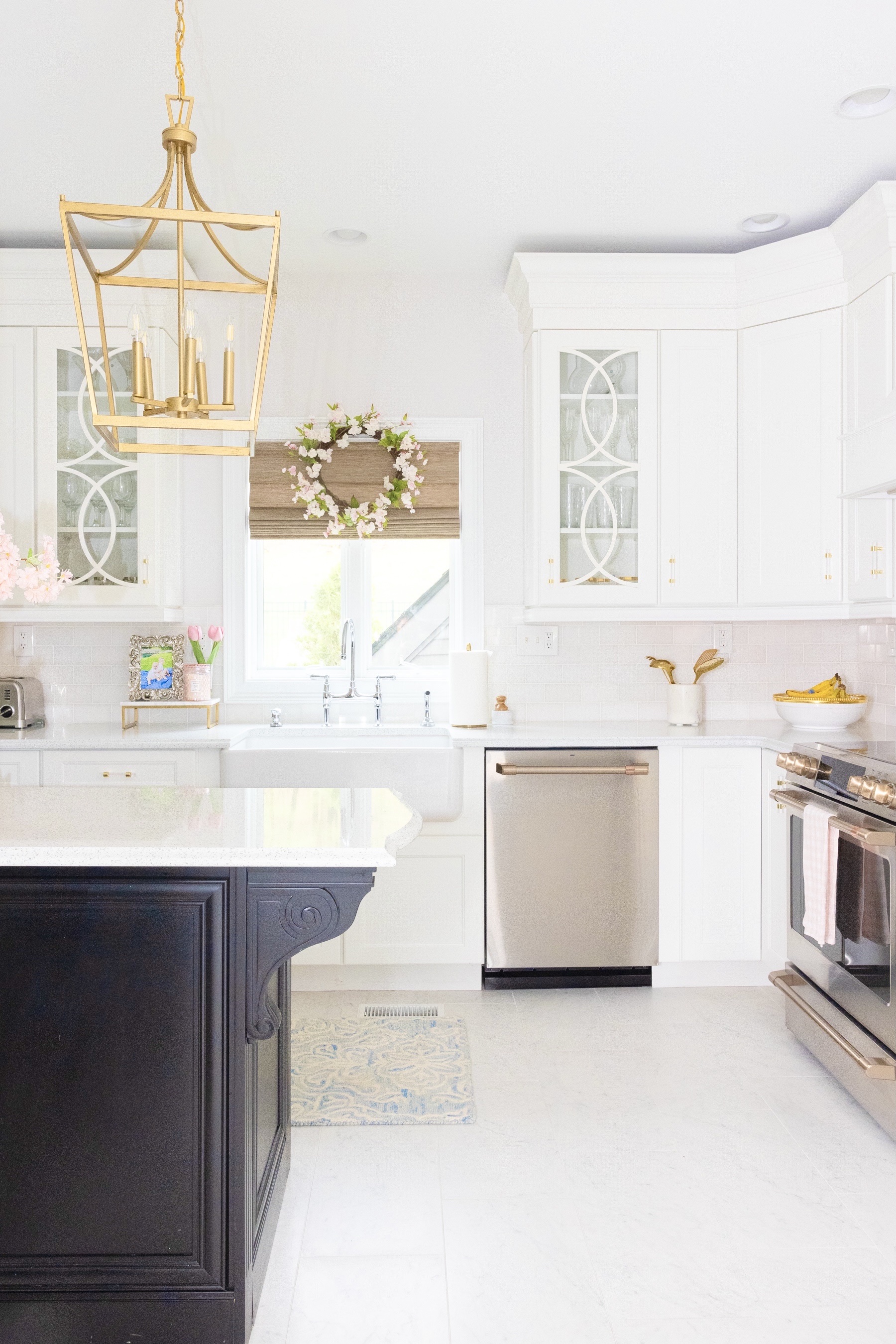 white counter top with black cabinet